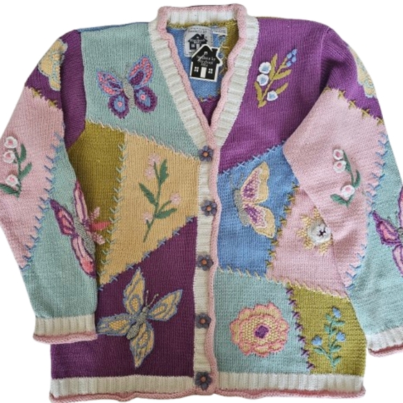 NWT Vtg Storybook Knits Butterfly & Floral Patchwork Sweater Cardigan Size L 90s - Picture 2 of 16